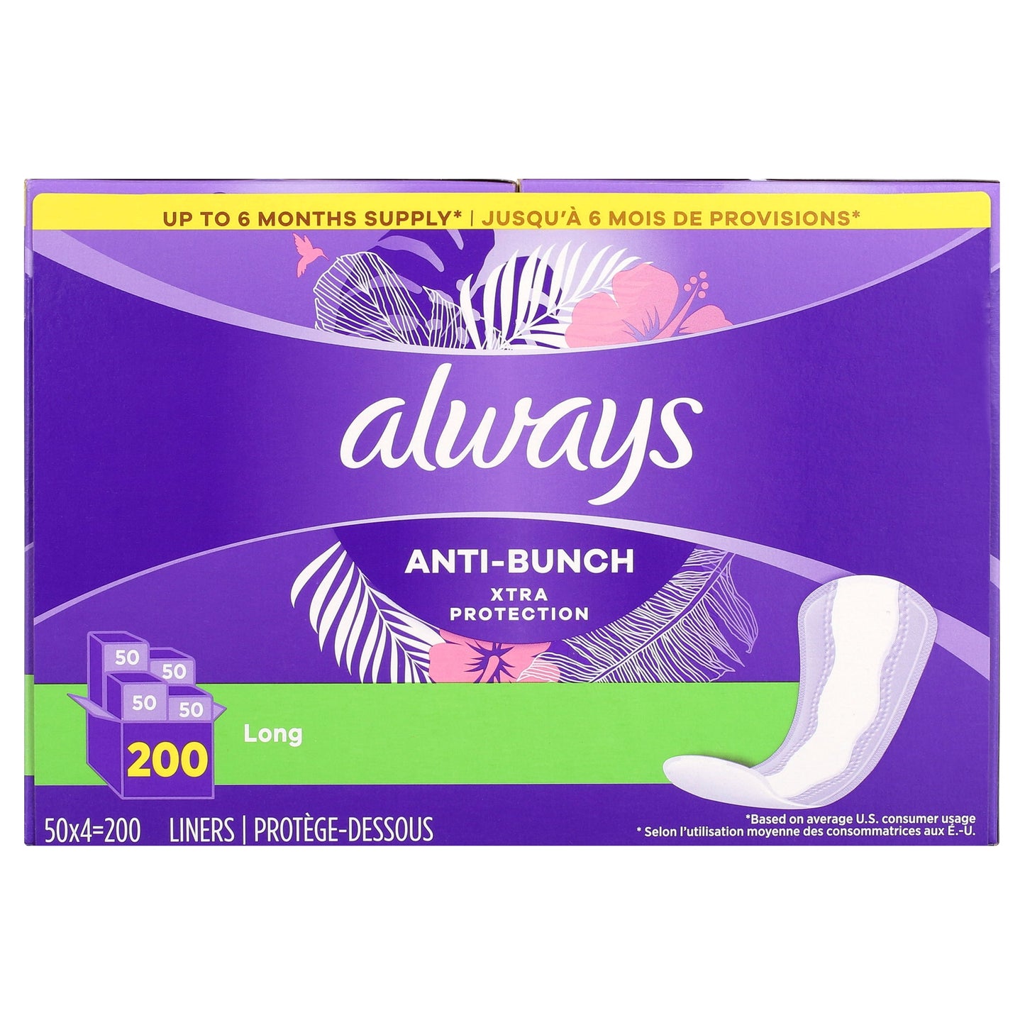 Always Anti-Bunch Xtra Daily Liners Long Unscented (200 Count)