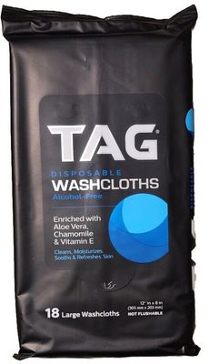 TAG Disposable Alcohol-Free Washcloths (18 Pre-moistened Large Wipes) 2 Packs