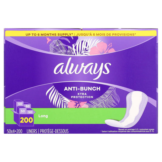Always Anti-Bunch Xtra Daily Liners Long Unscented (200 Count)