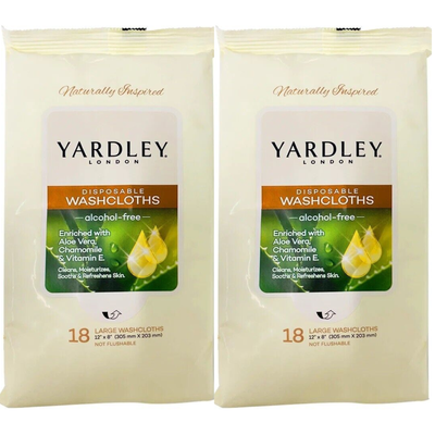 YARDLEY LONDON disposable washcloths alcohol-free enriched with Aloe Vera Chamomile & Vitamin E, 18 Large cloths each. (Pack Of 2)