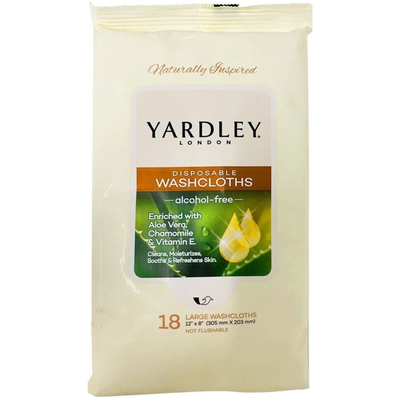 YARDLEY LONDON disposable washcloths alcohol-free enriched with Aloe Vera Chamomile & Vitamin E, 18 Large cloths each. (Pack Of 2)