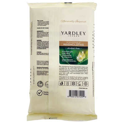 YARDLEY LONDON disposable washcloths alcohol-free enriched with Aloe Vera Chamomile & Vitamin E, 18 Large cloths each. (Pack Of 2)