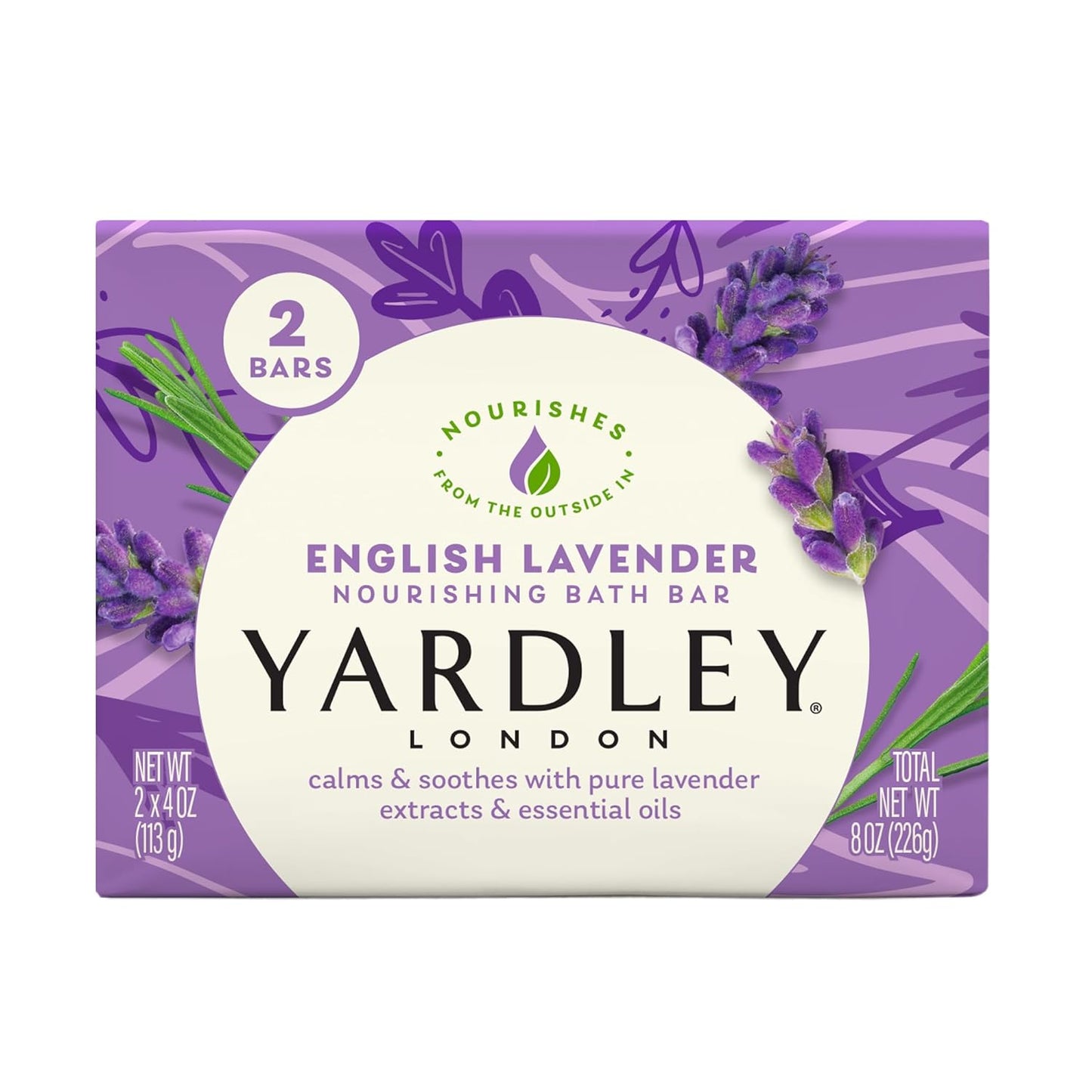 Yardley London Nourishing Bath Soap Bar English Lavender, Calms & Soothes with Pure Lavender Extracts & Essential Oils 2 Pack 4.0 oz Bath Soap Bars