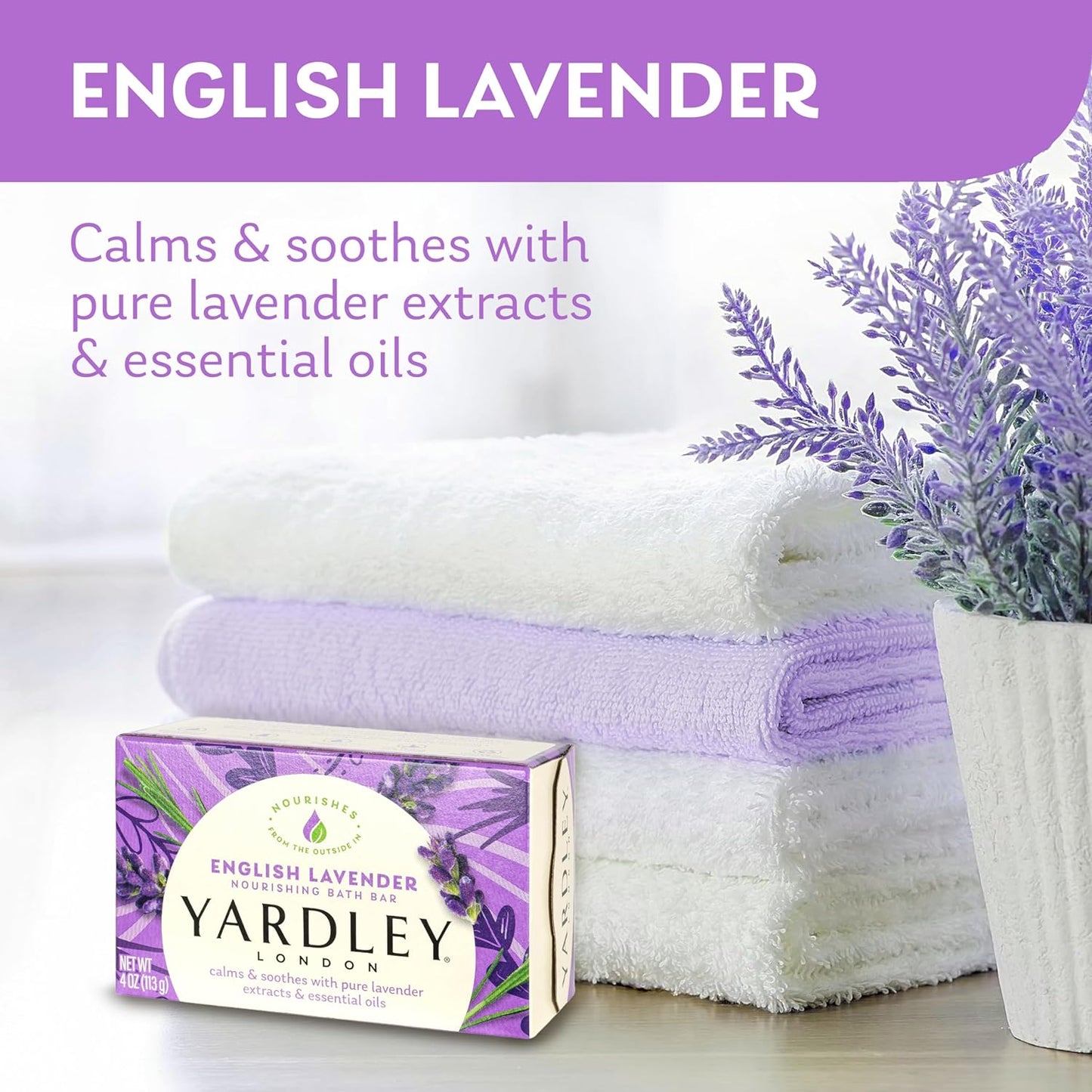 Yardley London Nourishing Bath Soap Bar English Lavender, Calms & Soothes with Pure Lavender Extracts & Essential Oils 2 Pack 4.0 oz Bath Soap Bars