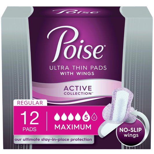 Poise Ultra Thin Incontinence Pads with Wings, Active Collection, Maximum Absorbency, 12 Count