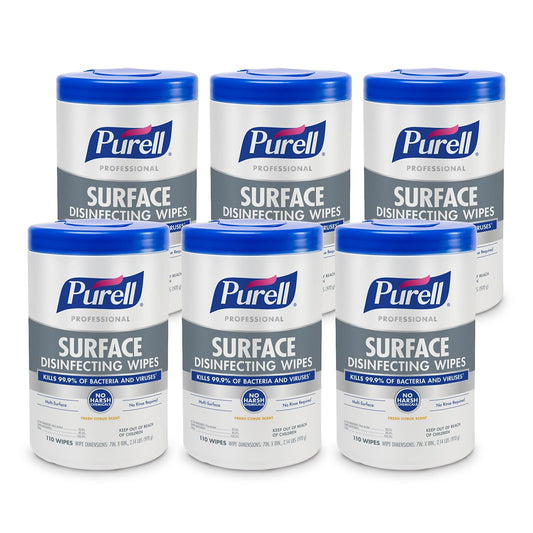 PURELLÂ® Professional Surface Disinfecting Wipes, Citrus Scent, 110 Count Canister, 7"x 8" Wipes, Pack of 6 Canisters