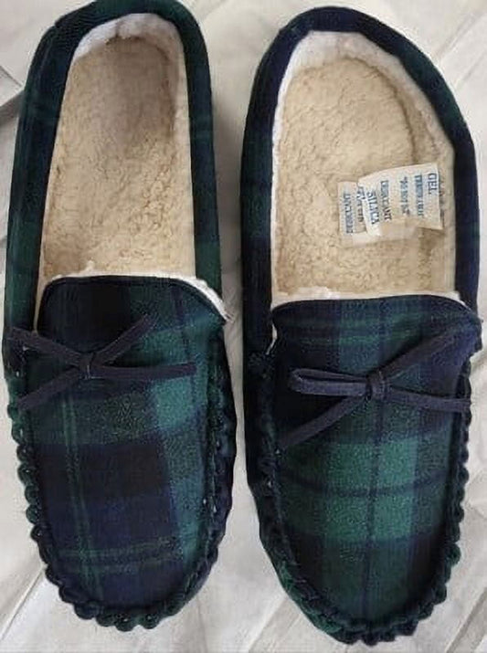 Studio1886 Unisex Plaid Moccasin Slippers, Green/Navy Sz 10