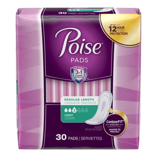 Poise Incontinence Pads, Light Absorbency, Regular, 30 Count