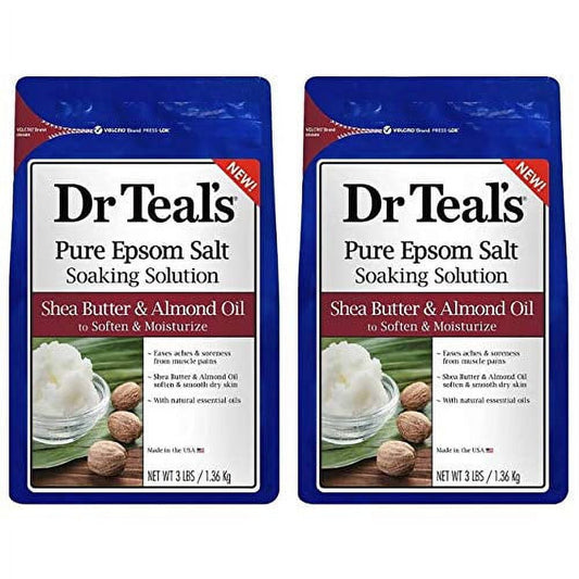 Dr. Teal s Epsom Salt Shea Butter Almond Oil Bath Soaking Solution with Essential Oils - Pack of 2 3 lb Resealable Bags - Soften and Moisturize Your Skin Relieve Stress and Sore Muscles