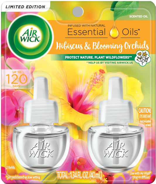 Air Wick Plug in Scented Oil Refill, 2 ct, Hibiscus and Blooming Orchids, Air Freshener, Essential Oils, Spring Collection