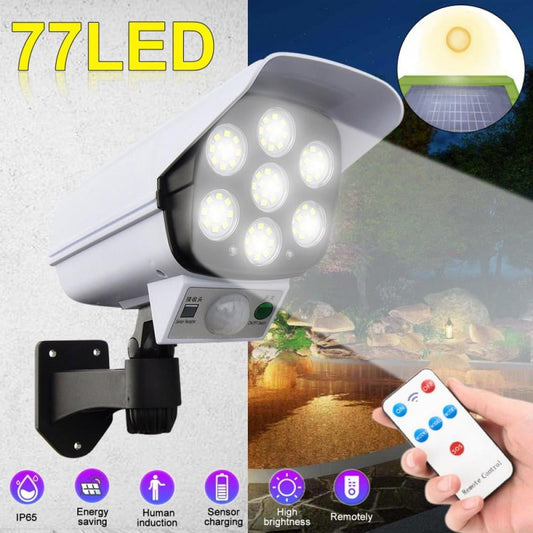 77 LED Solar Security PIR Motion Sensor Light with Remote Control, Dummy Surveillance CCTV Light, Roatable Angle Adjustable LED Wall Light, Outdoor Fake Camera with Light for Fence Patio Front Door